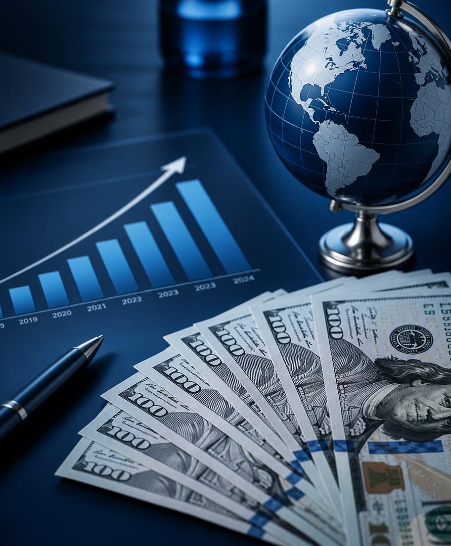 Investimentos em dólar: cédulas, globo e gráfico de crescimento